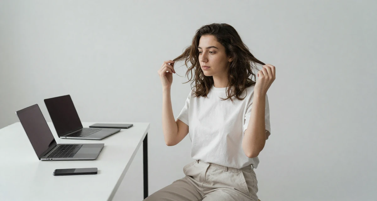 A mysterious Female From Turkmenistan, studied industrial technology in their 28, learning to separate self-worth from subscriber numbers, wearing a minimalist Scandinavian style, fixing a loose strand of hair in a photo studio.