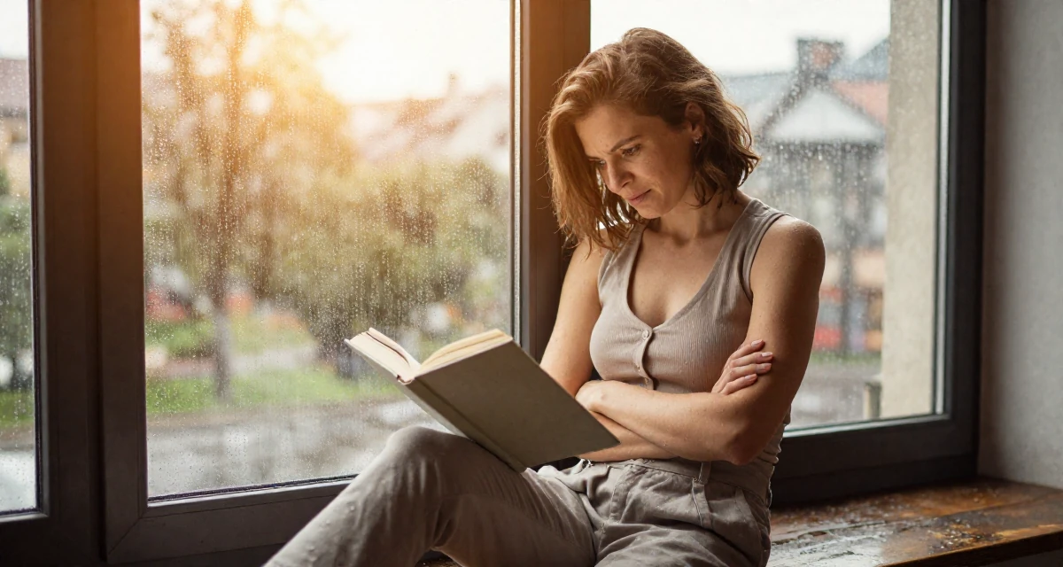 A cheeky Female From Kraków Poland, majored in European studies in their 34, advocating for eco-friendly parenting, wearing a fitted vest top worn without a shirt underneath and slacks, reading a book intently in a rainy window seat.