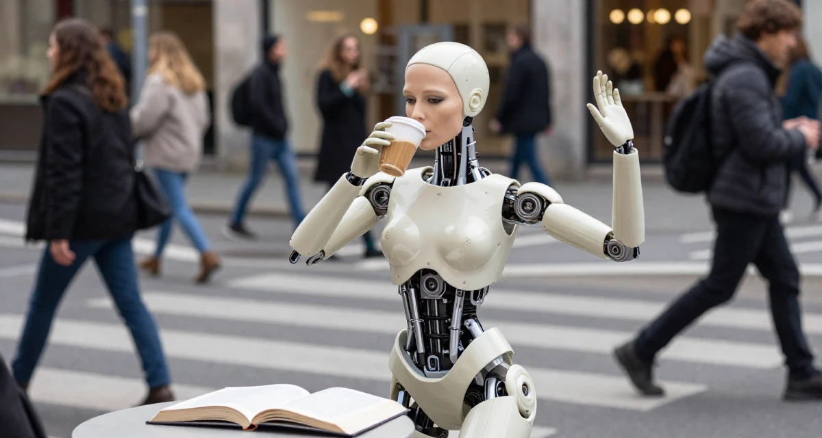 A introspective Female From Belgium, based in Antwerp, graduated from a fashion school majoring in intimate costume styling in their 25, shaping long-term career direction, wearing a cybernetic doll outfit with porcelain-like skin textures, sipping a latte in a busy crosswalk.