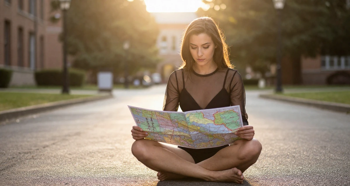 A serious Female Once a calligraphy hobbyist, now integrating art into sensual themes in their 24, embracing weekends of solitude and rest, wearing a sheer mesh top layered over a black bralette, looking at a map in a university campus.