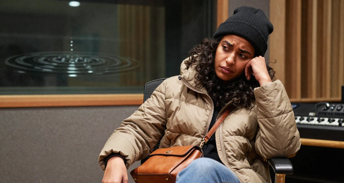 A playful Female From Bangladesh, studied textile engineering in their 28, realizing rebranding is emotionally draining, wearing a warm puffer jacket and beanie, carrying a leather handbag in a music recording studio.