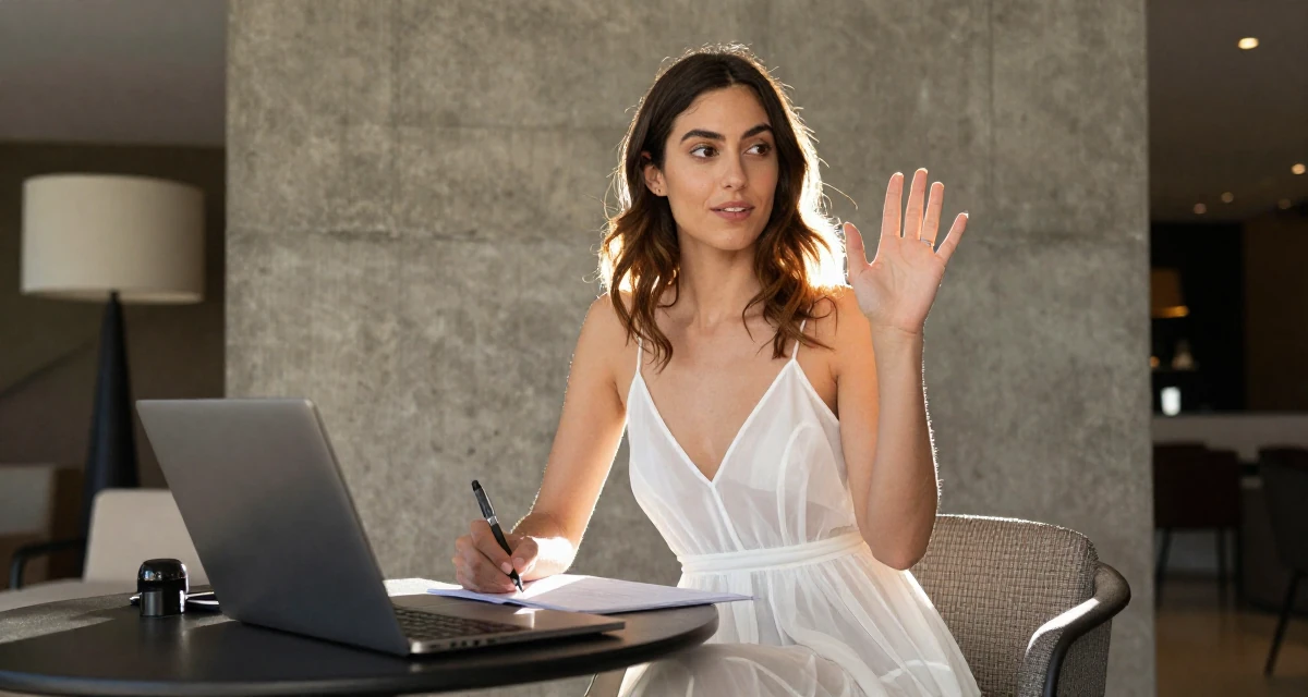 A lighthearted Female From Córdoba Argentina, studied biomedical engineering in their 27, investing in equipment instead of vacations, wearing a semi-sheer white sundress backlit by the sun, holding a pen poised to write in a luxury hotel lobby.