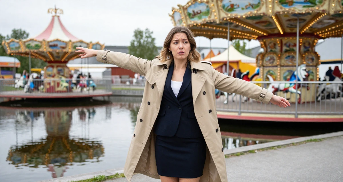 A puzzled Female From Norway, studied user experience design in their 25, building confidence by experimenting with poses, wearing a classic trench coat worn over a business dress, stretching arms after waking in a carnival with rides.