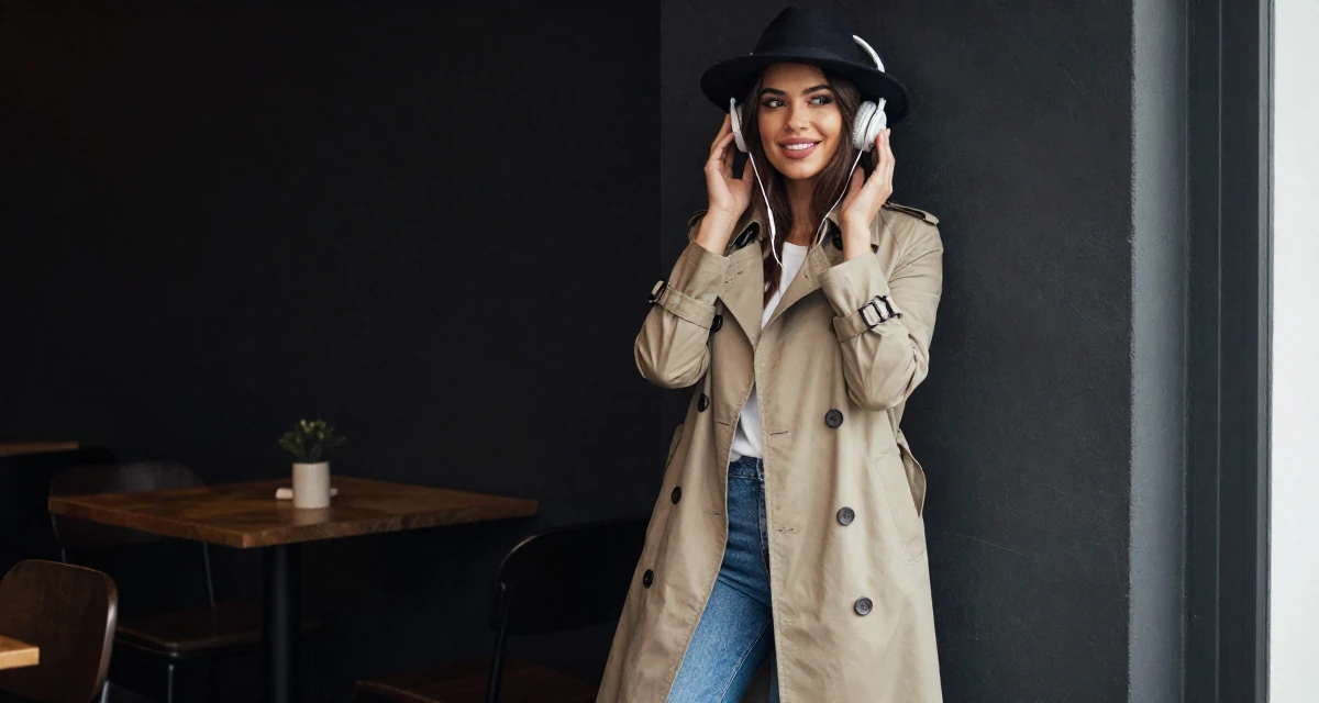 A witty Female Former massage therapist, now offering wellness-focused content in their 22, learning how music influences the sexy vibe of content, wearing a detective trench coat and fedora hat, listening to music with headphones in a cozy café.