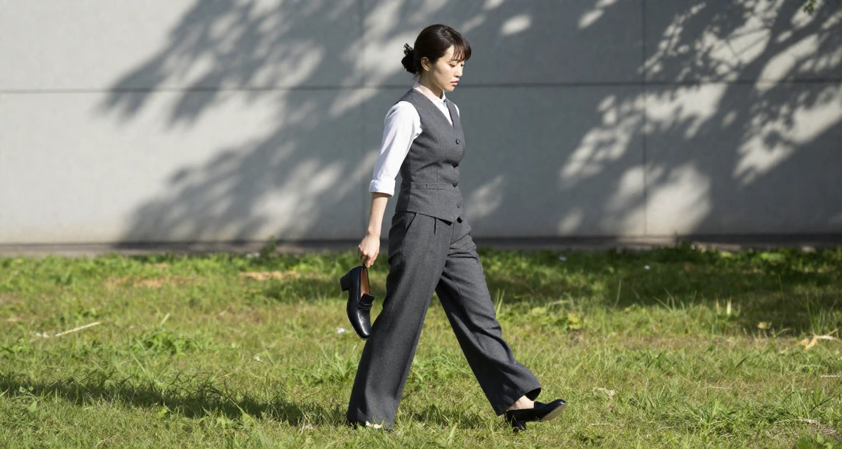 A zoned out Female From Japan, majored in animation in their 30, trying to escape corporate burnout, wearing a fitted waist coat and wide leg trousers, dangling a shoe from one foot in a grassy field.