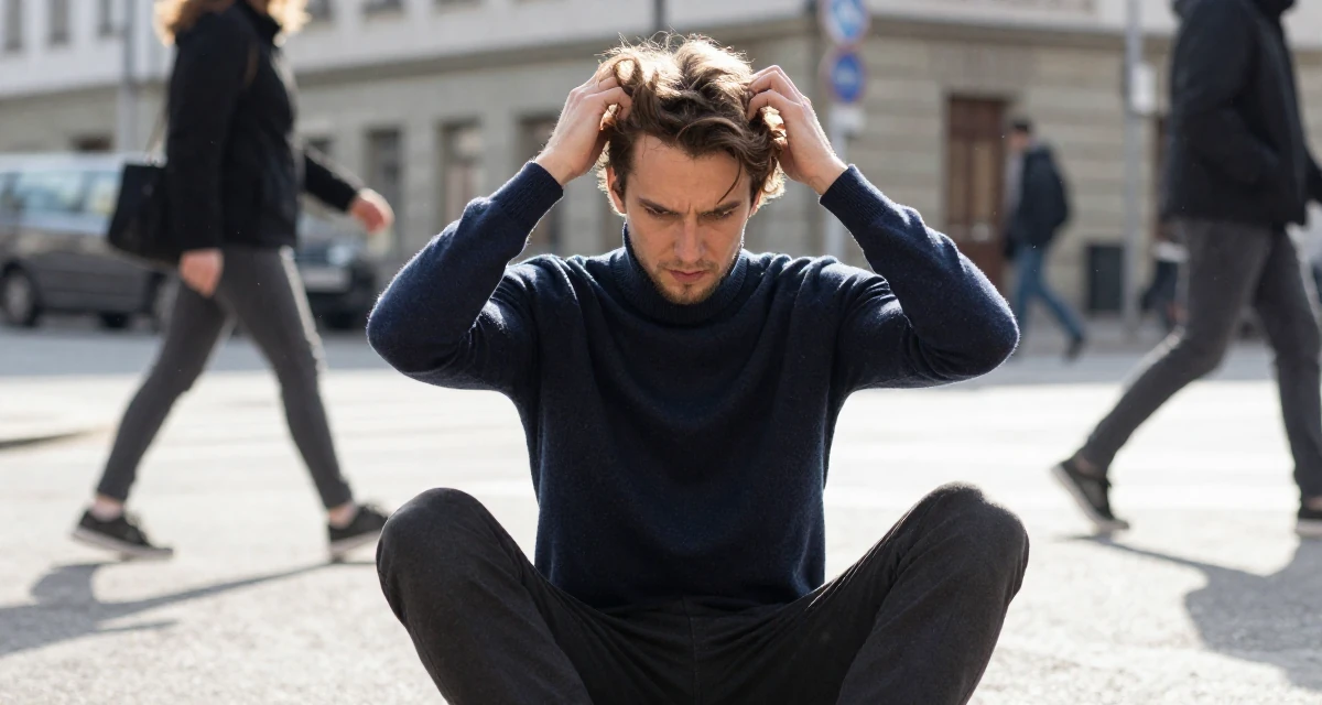 A intimidating male From Brno Czech Republic, trained in alternative fashion styling in their 34, seeking spiritual or philosophical growth, wearing a sophisticated turtleneck and trousers, fixing a loose strand of hair in a busy intersection.