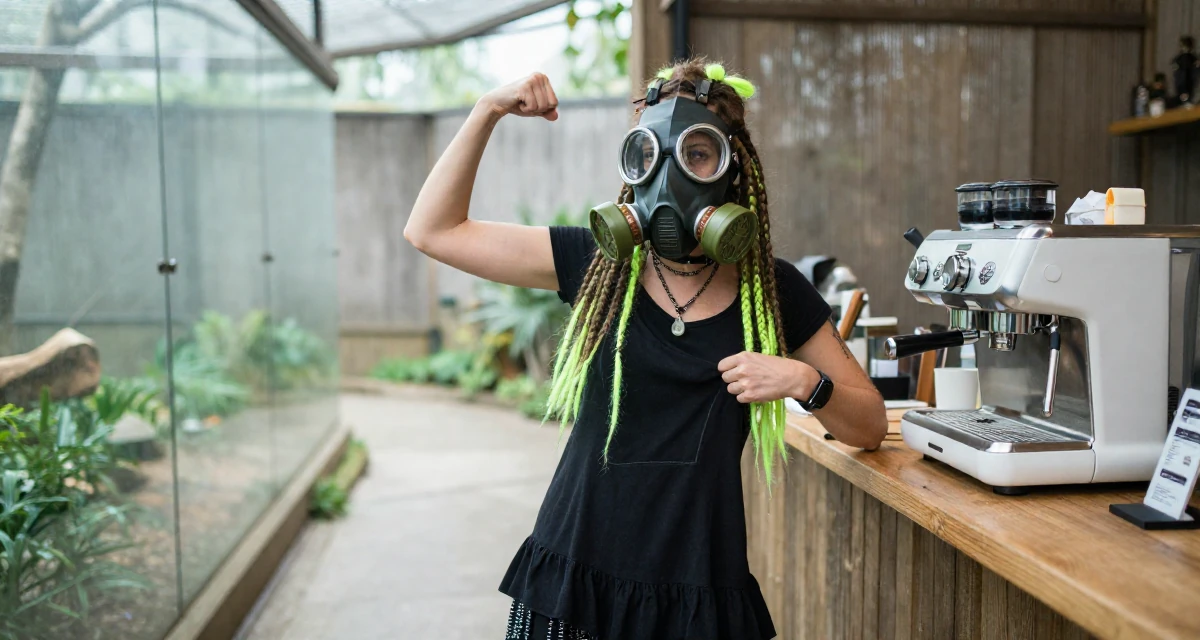 A passionate Female Previously a stay-at-home mom, now monetizing relatable lifestyle content in their 30, first-time entrepreneur building a startup, wearing a cyber-goth outfit with gas mask and neon dreads, smoothing down a dress in a zoo enclosure path.