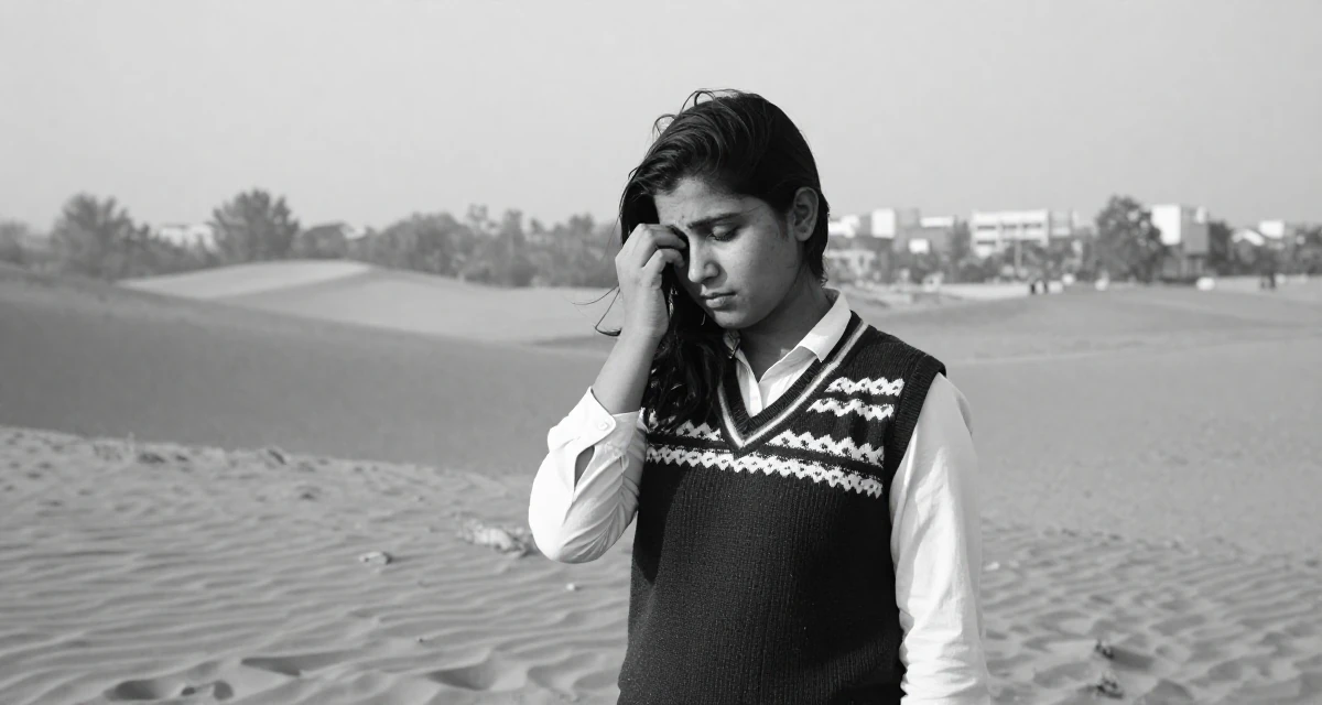 A teasing Female Born in Nepal, studied urban planning in their 22, mourning the loss of the university community, wearing a preppy sweater vest combo, pushing hair from face in a desert sand dunes.