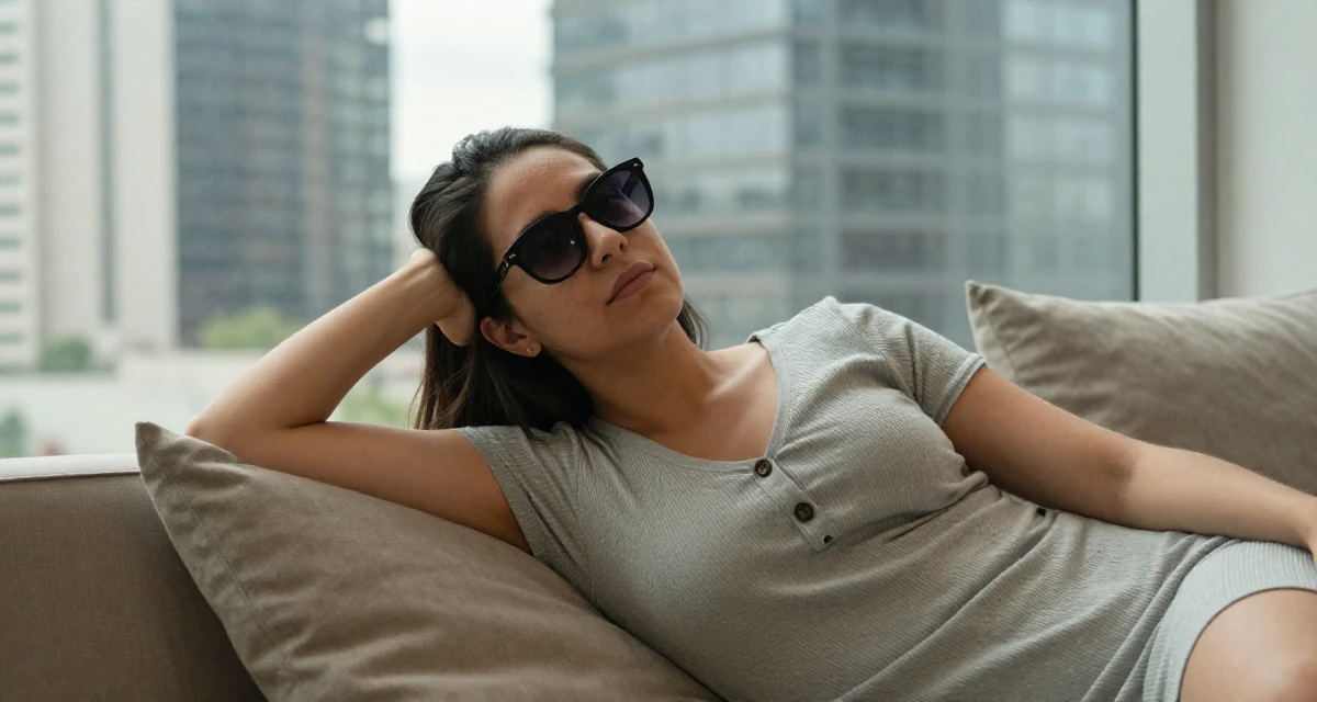 A solemn but kind Female From Guadalajara Mexico, majored in business analytics in their 42, single and thriving in a new city, wearing a ribbed cotton dress with buttons down the front, lowering sunglasses to look out in a waiting room.