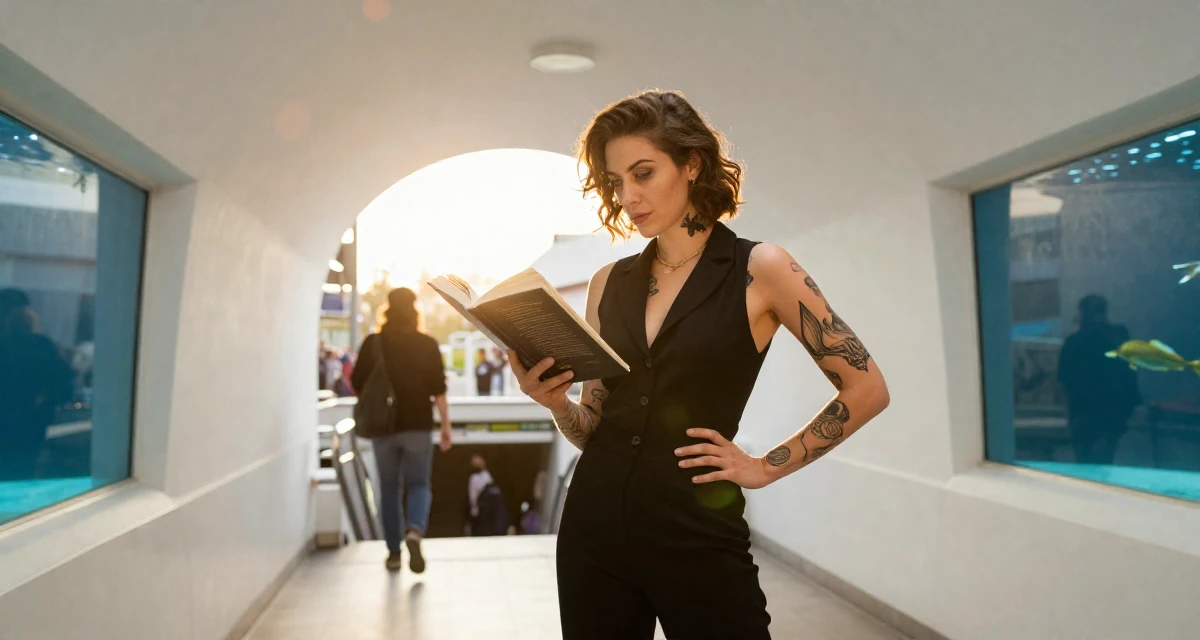 A teasing Female Once a tattoo shop cashier, now modeling body-art-centric content in their 24, refining a signature style between classy and daring, wearing a chic jumpsuit styling, reading a book intently in a aquarium tunnel.
