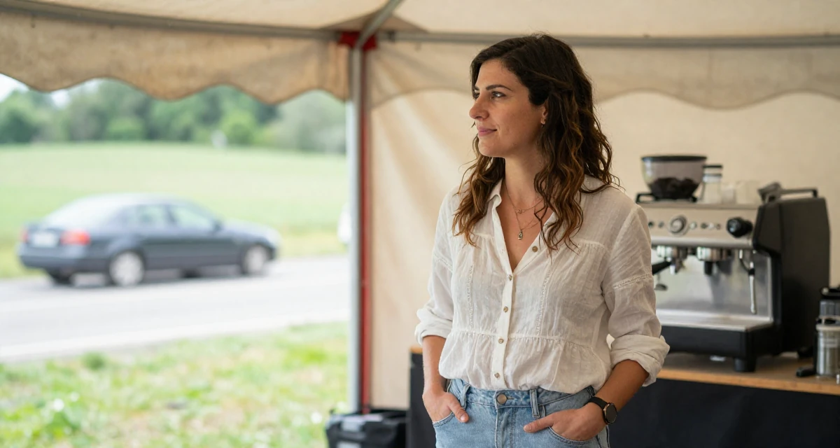 A lighthearted Female From Italy, based in Milan, graduated from a design school majoring in sensual visual communication in their 45, sharing the beauty of a quiet rural life, wearing a light and airy spring attire, watching traffic pass by in a circus tent interior.