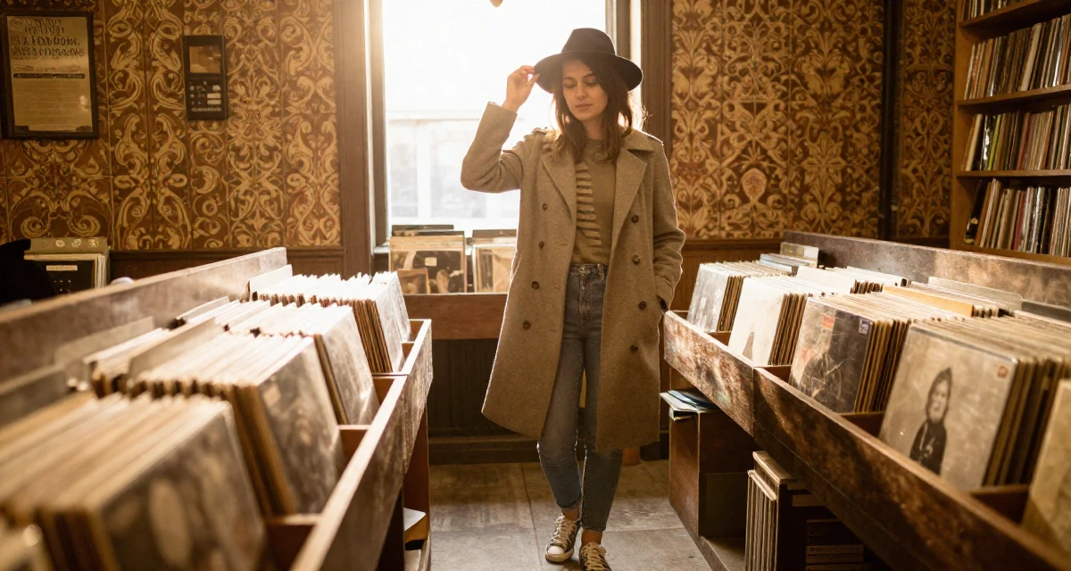 A placid Female Born in Wales, majored in education studies in their 25, letting go of the need to please everyone, wearing a tailored coat with casual sneakers, adjusting a hat in a vintage record store.