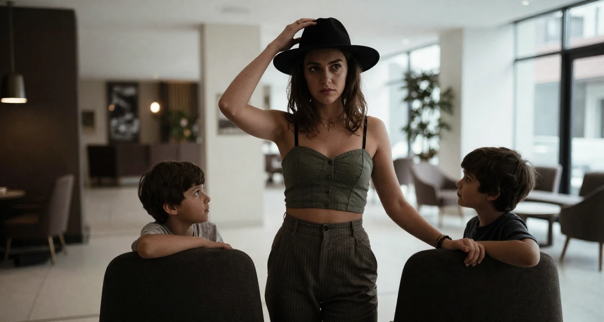 A gently serious Female From Belgium, studied film production in their 33, balancing two kids and a growing business, wearing a cropped bustier top and high-waisted slacks, adjusting a hat in a hotel lobby.