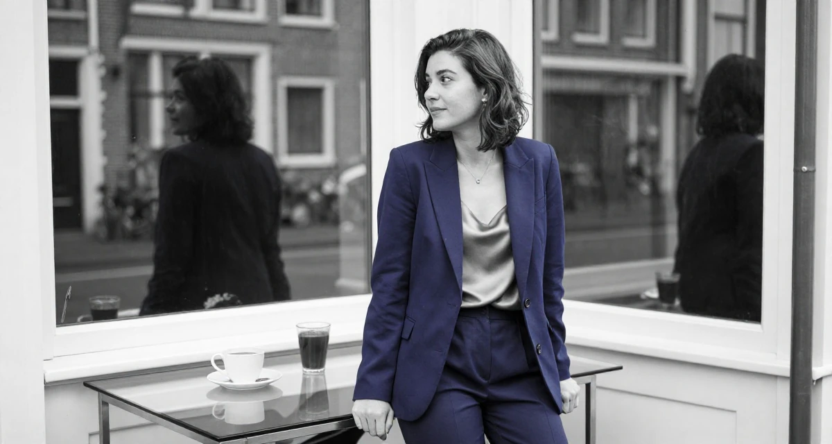 A patient Female From the Netherlands, based in Utrecht, graduated from a creative academy majoring in UX design in their 23, exploring flirty aesthetics while staying within comfort zones, wearing a crisp navy blue blazer over a silk camisole and trousers, looking at a reflection in a window in a breakfast nook.