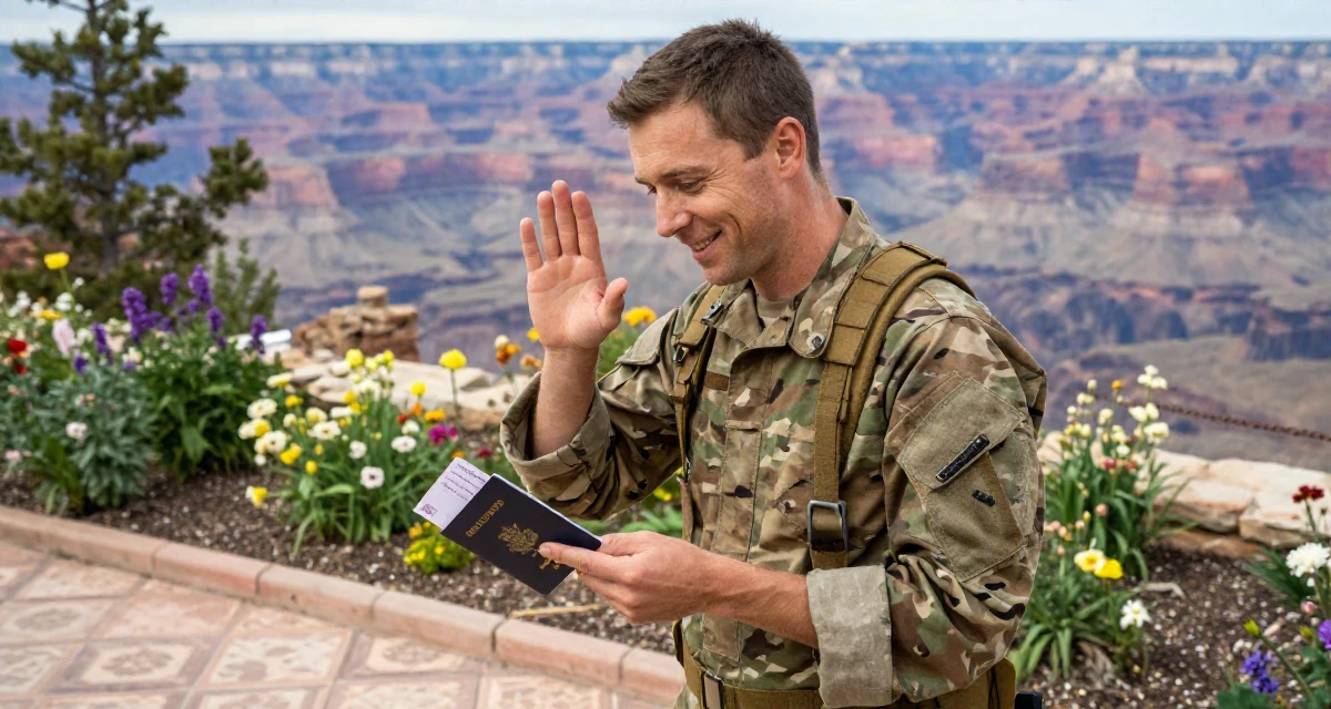 A charming male From Canada, has a diploma in graphic design in their 23, learning how to say “no” to requests outside comfort, wearing a commando outfit with camouflage paint and tactical harness, holding a passport or ticket in a blooming flower garden.