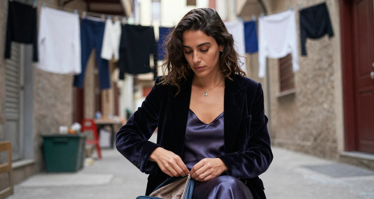 A gently serious Female From Palestine, studied community development in their 23, realizing “less is more” in seductive storytelling, wearing a velvet blazer and a silk slip dress, zipping up a bag in a neon-lit alleyway.
