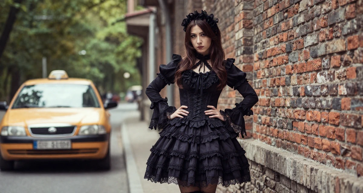 A sarcastic Female Raised in Turkey, studied media relations and advertising in their 57, balancing health issues and work, wearing a elaborate gothic lolita dress with frills and lace, waiting for a taxi in a forest path.