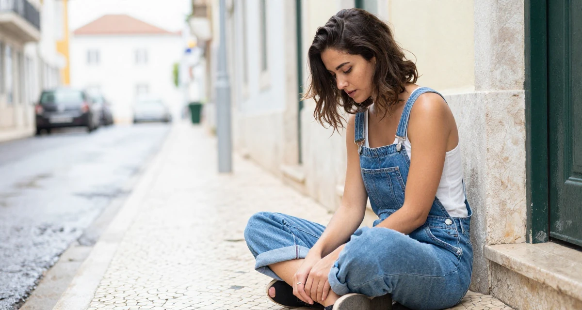 A romantic Female From Portugal, majored in architecture in their 24, seriously considering moving to a new country, wearing a relaxed dungarees or overalls, playing with a ring on a finger in a rainy street corner.