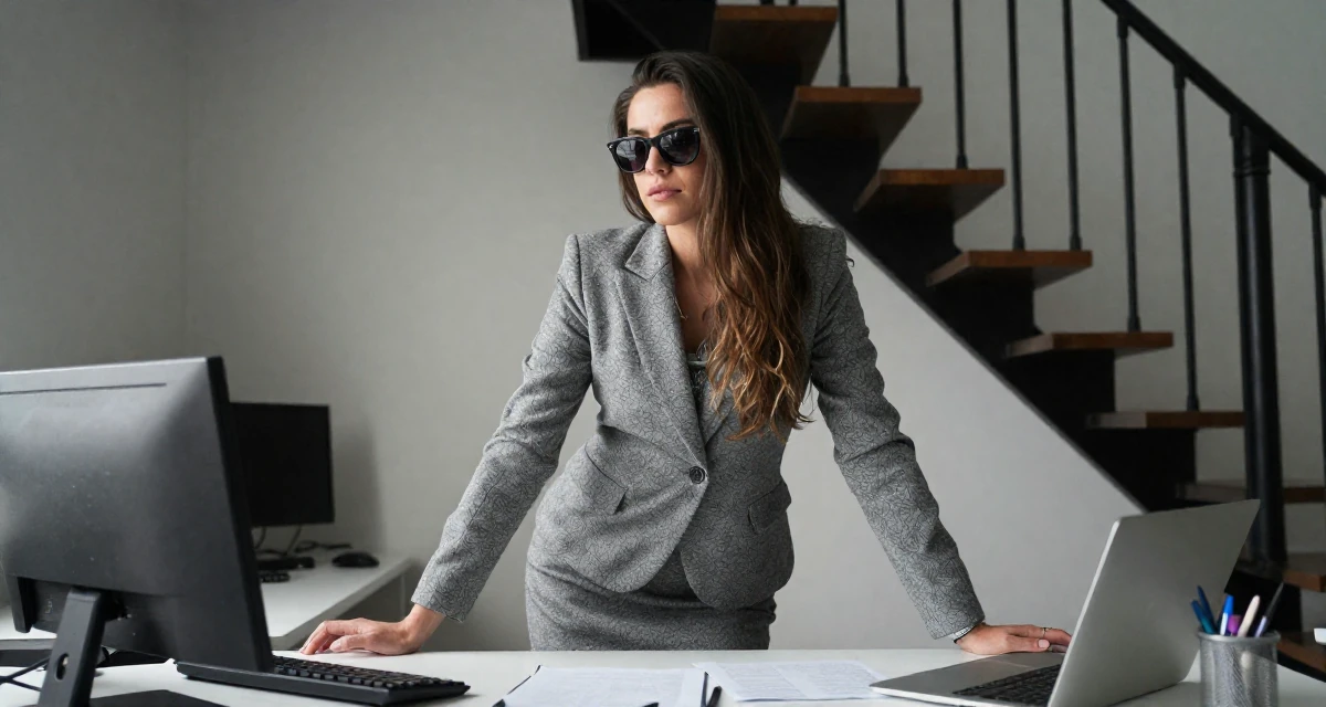 A fragile Female Born in Colombia, majored in media innovation in their 32, managing long-distance relationship, wearing a grey wool skirt suit with a fitted jacket, lowering sunglasses to look out in a messy desk.