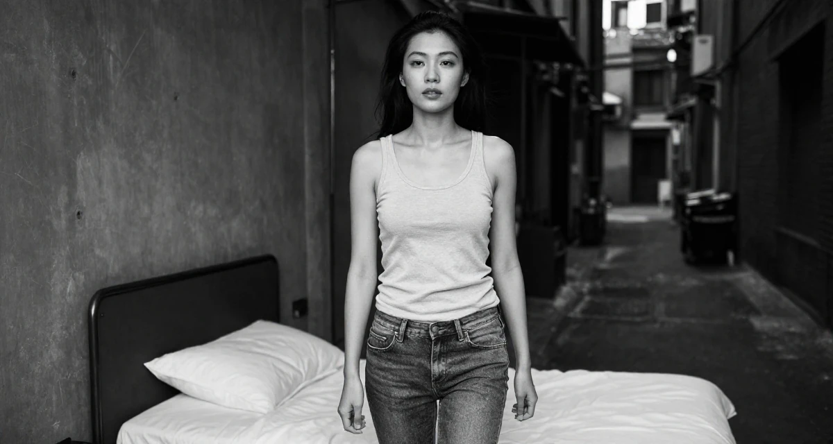 A reflective Female From Guangzhou China, learned fashion styling through studio work in their 42, single and thriving in a new city, wearing a simple tank top and jeans, cracking knuckles in a minimalist bedroom.