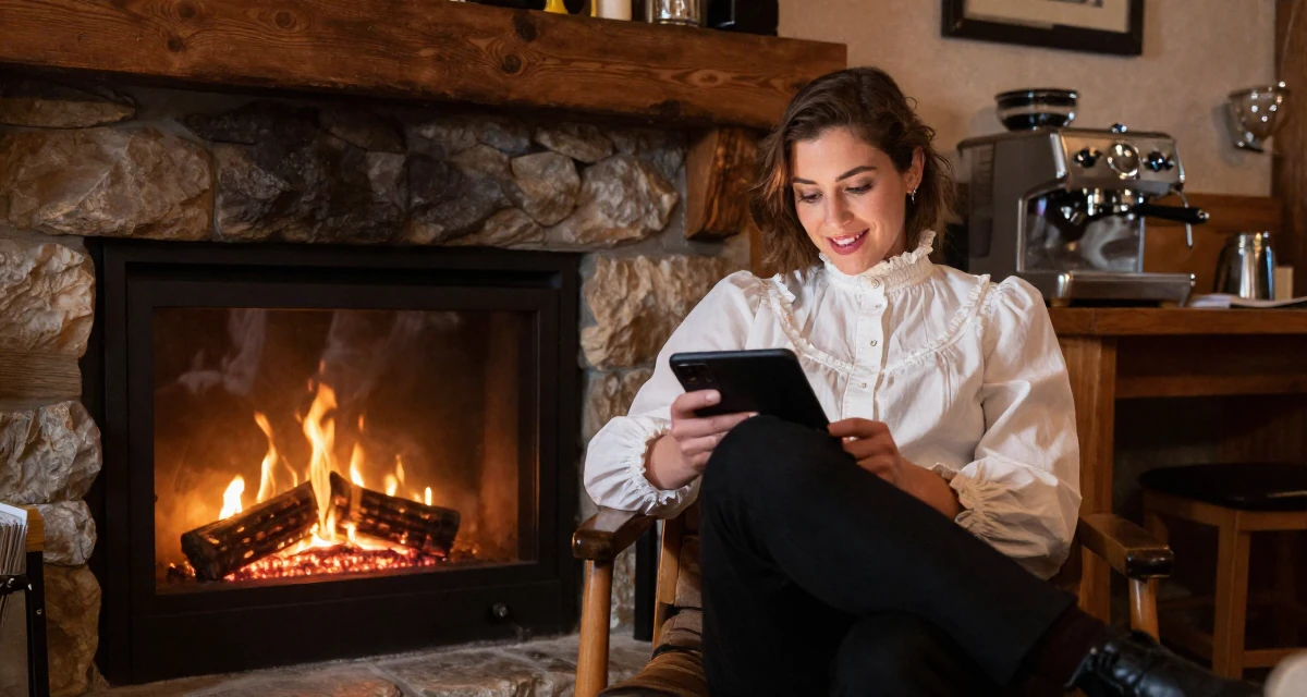 A glowing Female Former library assistant, now creating cozy reading-corner aesthetics in their 22, grinding nonstop while peers enjoy carefree weekends, wearing a high-neck victorian style blouse and black slacks, scrolling casually in a ski lodge fireplace.