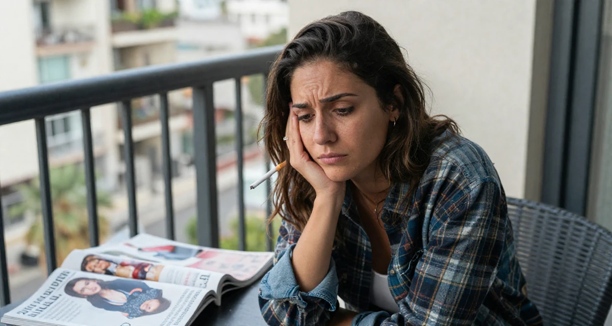 A sorrowful Female Born in Greece, majored in content creation & storytelling in their 25, dealing with pressure to choose a major, wearing a rugged flannel shirt and denim, holding a cigarette (lit or unlit) in a luxury penthouse balcony.