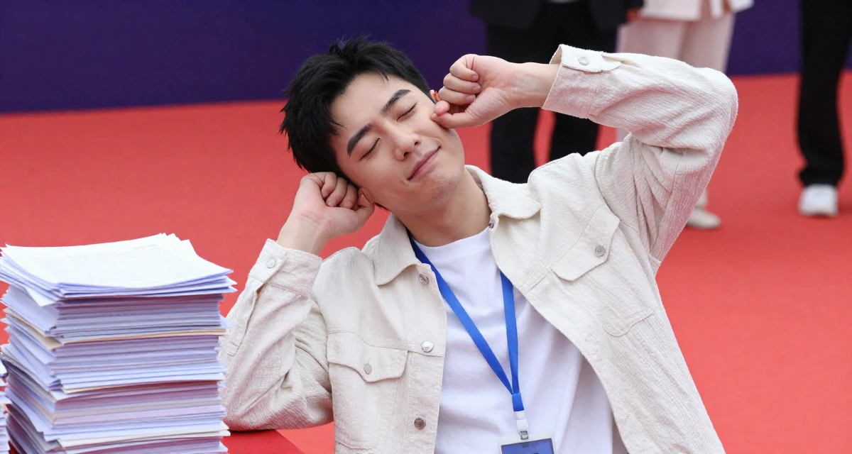 A contented male From ChangSha China, holds a degree in human resource management in their 23, seeking validation through achievement, wearing a light and airy spring attire, cracking knuckles in a red carpet event.