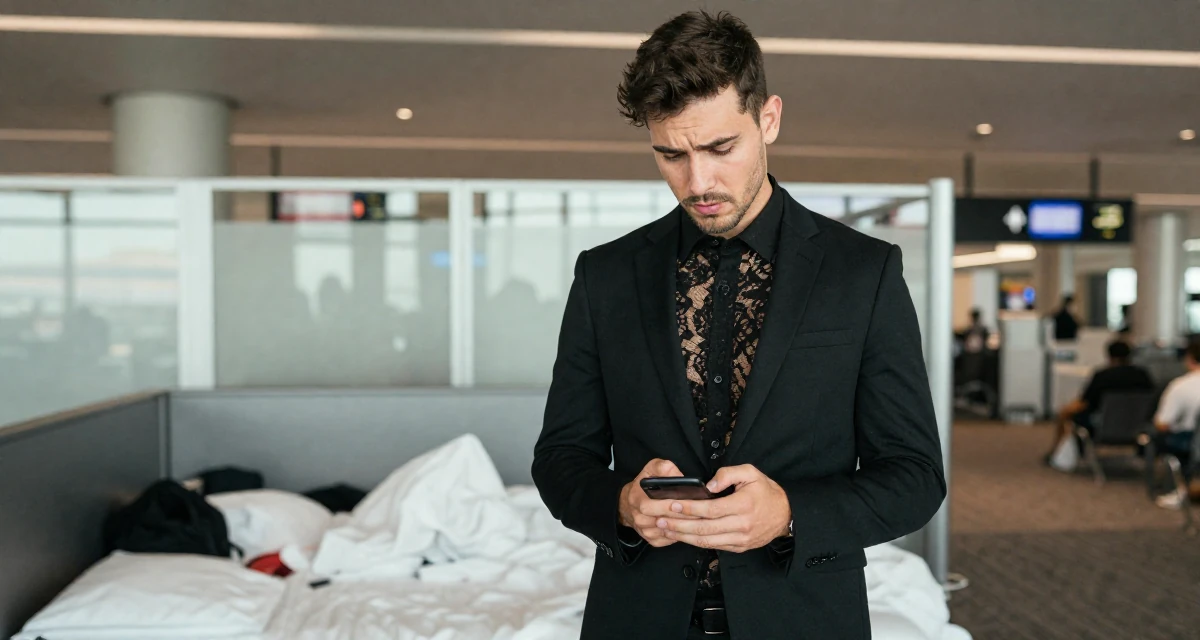 A worried male From Melbourne Australia, studied photography and imaging in their 25, planning high-quality shoots that feel bold but elegant, wearing a black lace top under a business suit, typing a message in a airport terminal.