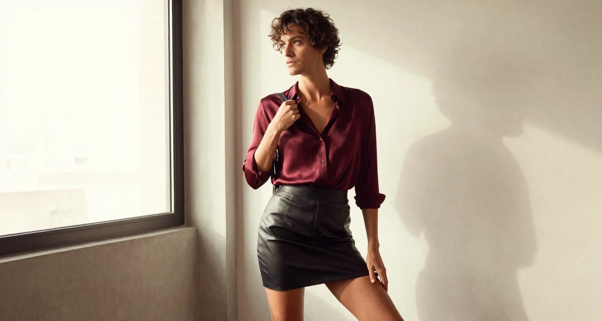 A rebellious male From Argentina, based in Rosario, graduated from a national university majoring in audiovisual production in their 30, radiating an aura of elegance and poise, wearing a burgundy silk blouse and black leather skirt, adjusting a shoulder strap in a radio station.