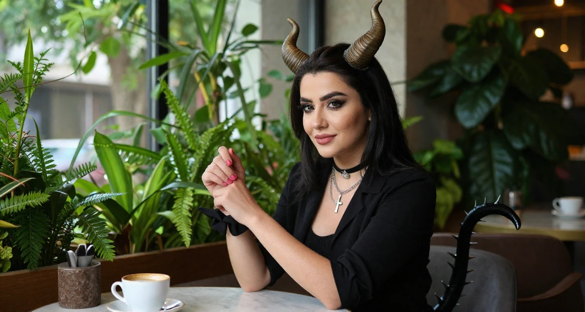 A warm Female From Tajikistan, studied civil engineering in their 32, seeking intellectual challenges over busy work, wearing a demon girl outfit with horns and a spiked tail, fixing a cufflink in a coffee shop corner.