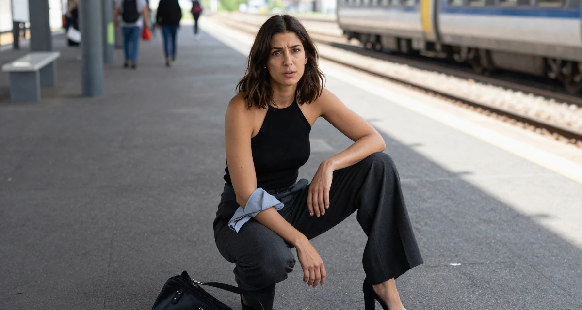 A sentimental Female From Italy, majored in photography and visual arts in their 41, rebuilding confidence after job loss, wearing a halter neck top and wide-leg office trousers, rolling up sleeves in a train platform.