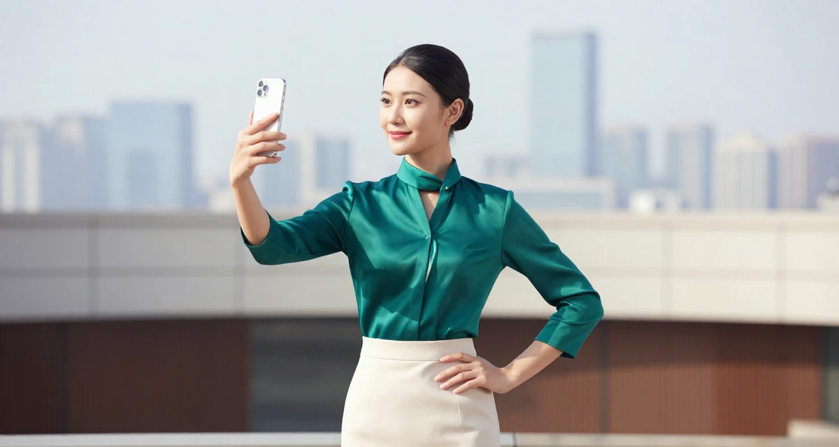 A composed Female Former flight attendant, now offering global-inspired aesthetic content in their 22, determined to prove their worth quickly, wearing a emerald green silk blouse and a cream skirt, posing for a selfie in a concert hall.