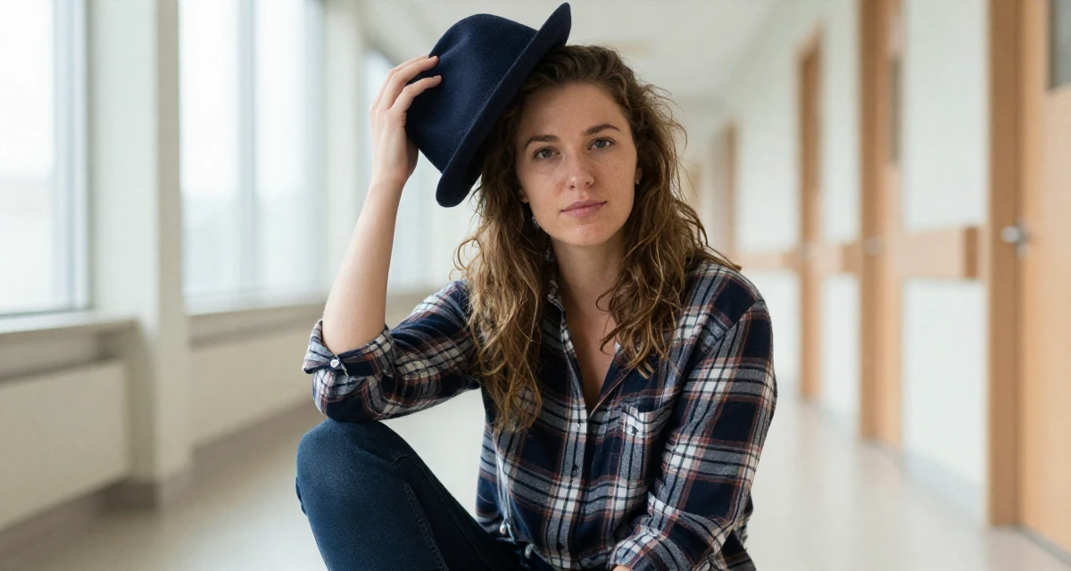 A soft Female Raised in Sweden, studied creative technology in their 25, balancing social life with evolving ambitions, wearing a casual plaid button-down, holding a hat in a hospital corridor.