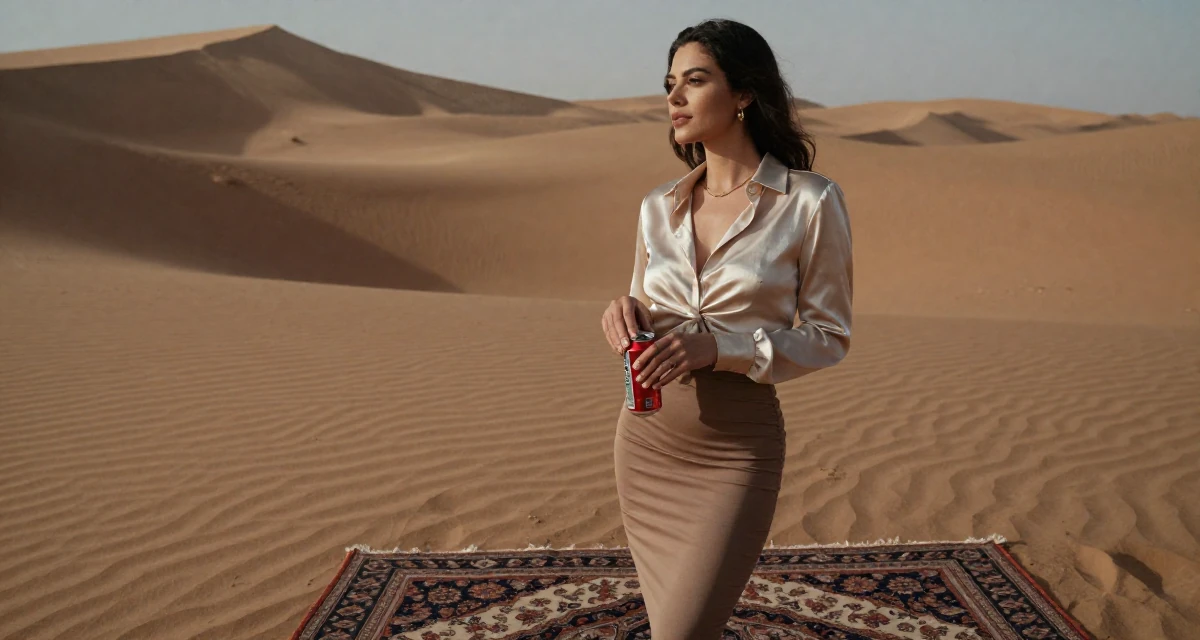 A quietly confident Female Former model agency assistant, now running her own creator portfolio in their 47, solo traveler exploring the world in luxury, wearing a tight pencil skirt and a tucked-in silk blouse, opening a soda can in a desert sand dunes.