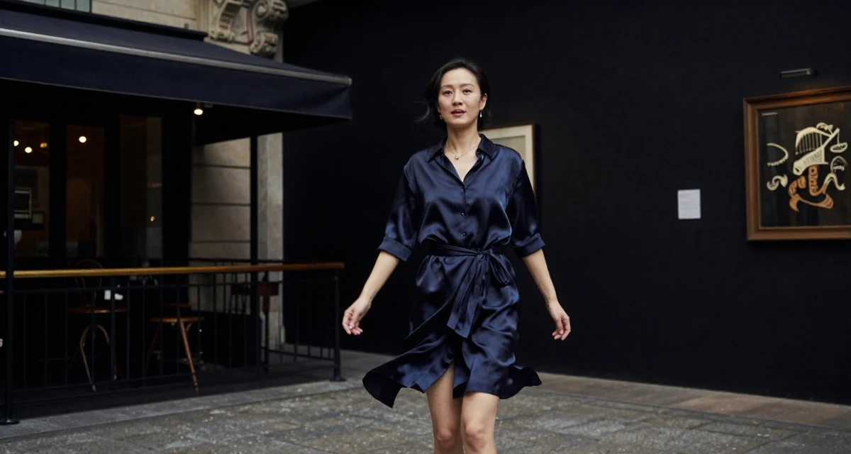 A magnetic Female From Suzhou China, holds a degree in architecture in their 30, freelancing after a layoff, wearing a silk shirt dress with a tie waist, pausing mid-step in a art gallery hall.