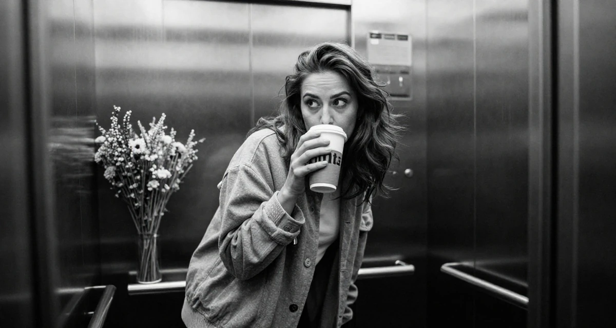 A carefree Female From Poland, based in Gdańsk, graduated from a communication college majoring in expressive personal branding in their 30, trying to escape corporate burnout, wearing a relaxed streetwear, sipping a latte in a corporate elevator.