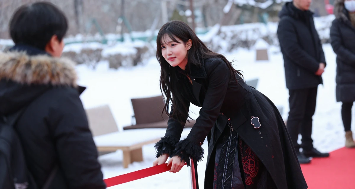 A soft Female Based in South Korea, studied fashion merchandising in their 24, investing in quality furniture and lifestyle, wearing a gothic vampire hunter outfit with a long coat, smiling at a stranger in a red carpet event.