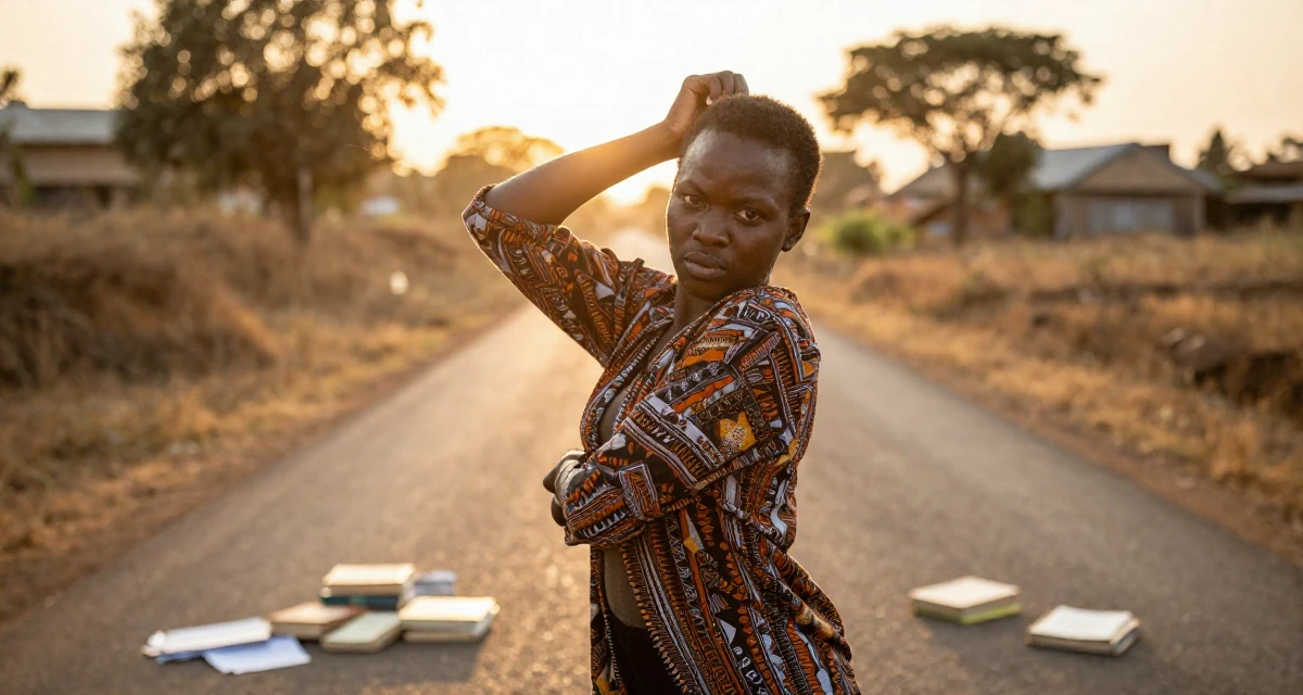 A arrogant Female From Nairobi Kenya, trained in expressive dance and confident movement in their 22, choosing bolder themes with more creative direction, wearing a relaxed fit patterned shirt, scratching the head in confusion in a country road.