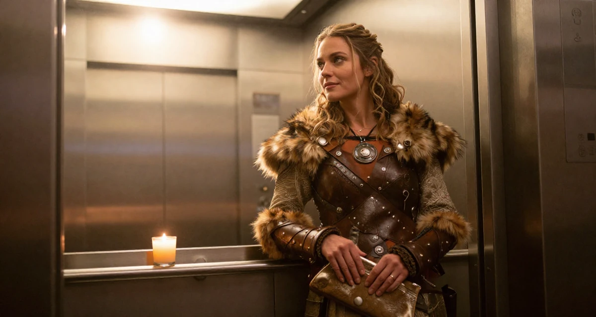 A serene Female Former stay-in nanny, now building her own self-expression platform in their 44, building a legacy for the next generation, wearing a viking shield-maiden outfit with fur and leather, clutching a clutch bag in a corporate elevator.