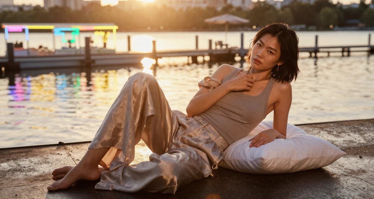 A indifferent Female From Kaohsiung Taiwan, started modeling while studying visual design in their 29, trying to plan a future with unpredictable income, wearing a loose silk trousers and a fitted tank top, touching a necklace in a lakeside dock.