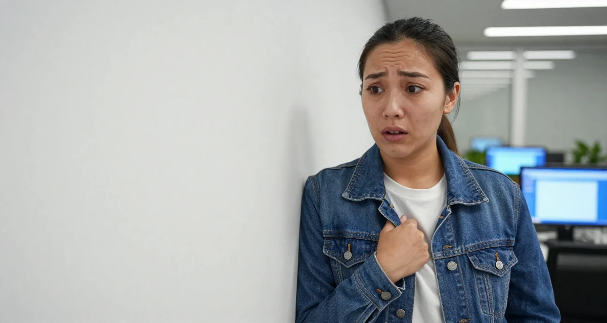 A sorrowful Female From Mongolia, majored in history and culture in their 25, excited but unsure about how to grow first followers, wearing a classic denim jacket and white tee, gripping a lapel in a high-rise office building.