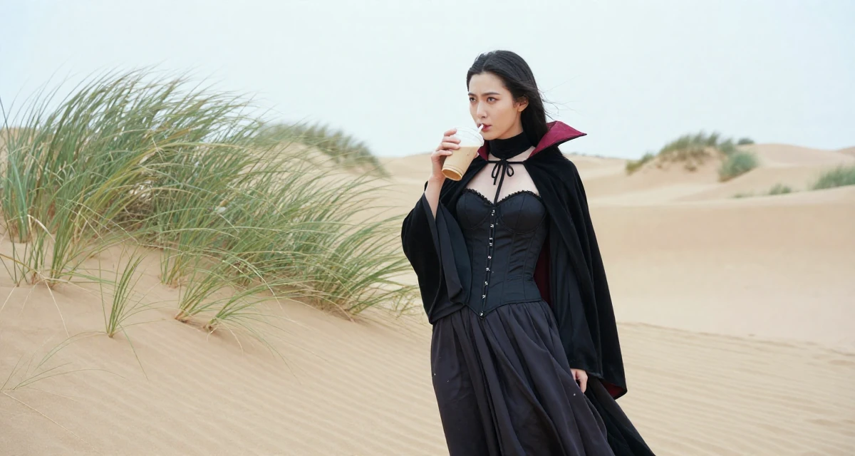 A unimpressed Female From Suzhou China, holds a degree in architecture in their 25, deciding to start a business or bold project, wearing a vampire queen gown with a high collar and corset, sipping a latte in a desert sand dunes.