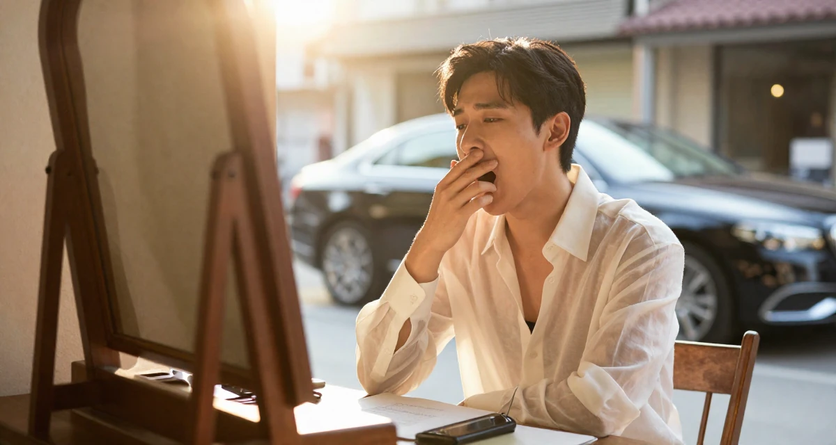 A affectionate male Former fashion retail worker, now curating premium outfit inspiration in their 22, building early fan loyalty through replies and messaging, wearing a translucent white blouse and a dark bra underneath, stifling a yawn in a vanity mirror.