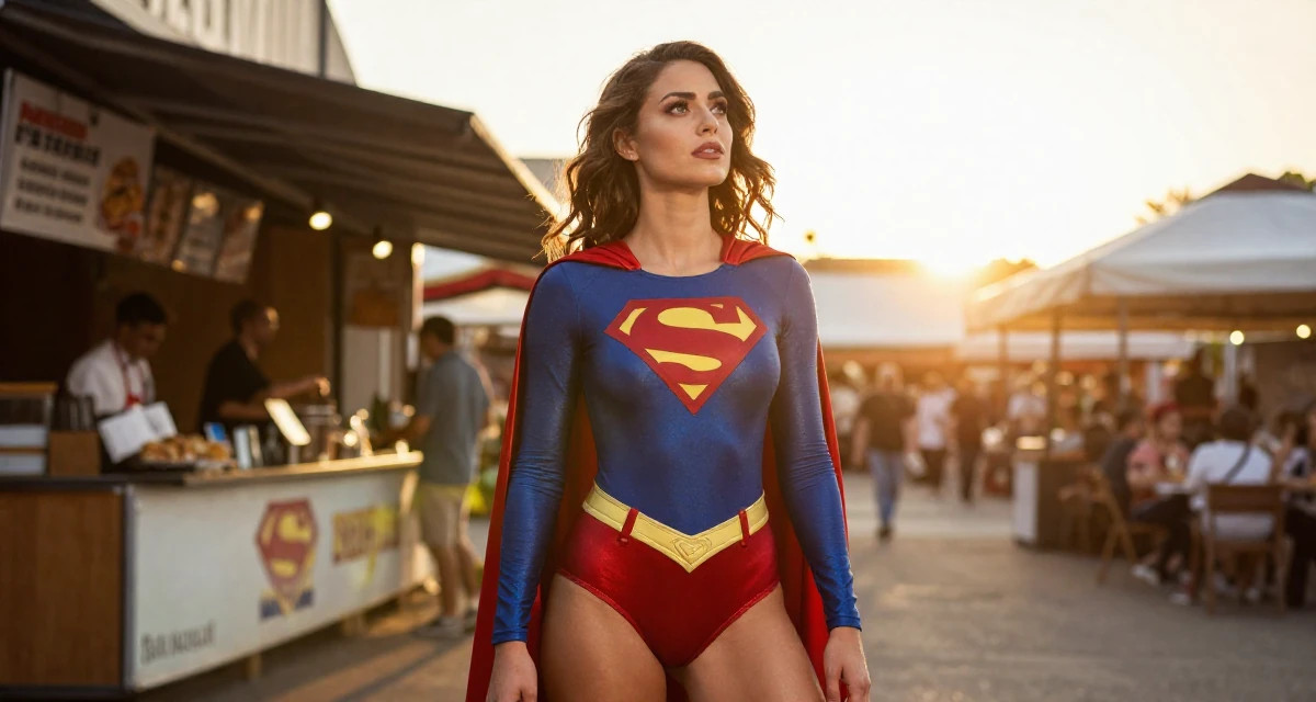 A reflective Female From Australia, based in Gold Coast, graduated from a media academy majoring in sensual creative direction in their 24, facing pressure to reinvent the brand constantly, wearing a superheroine spandex suit with a cape, gazing at the sky in a high-end restaurant.