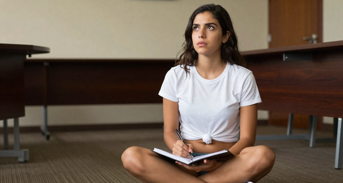 A enigmatic Female From Guatemala, studied computer networks in their 24, prioritizing mental health over the grind, wearing a classic white t-shirt knotted at the front and bikini bottoms, holding a notebook in a conference room.