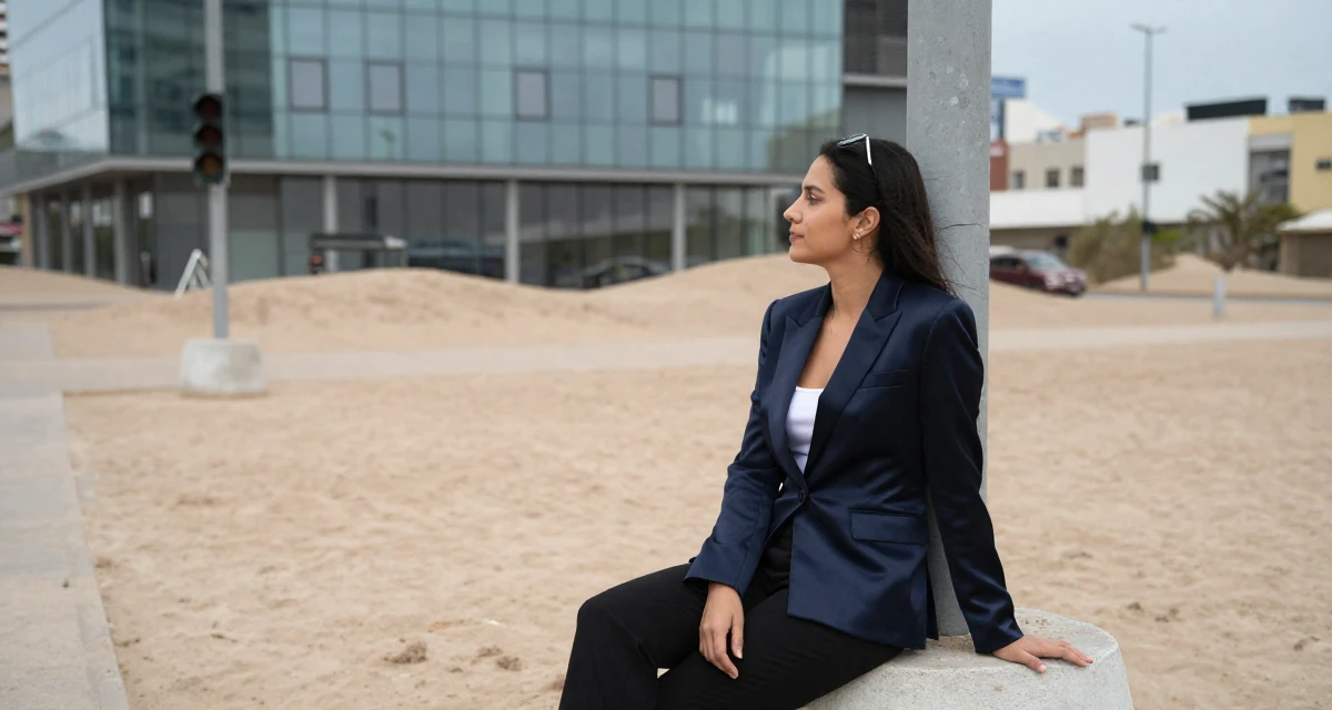 A calm Female From Mexico, studied graphic design and illustration in their 25, appreciating quiet mornings and routines, wearing a satin lapel blazer and tuxedo pants, waiting for a light to change in a desert sand dunes.