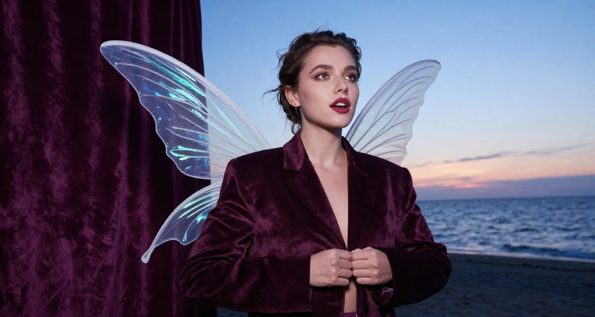 A energetic Female From Saint Petersburg Russia, studied fine arts in their 25, exploring soft-glam looks to elevate content quality, wearing a fairy costume with translucent iridescent wings, buttoning a jacket in a sunset beach.