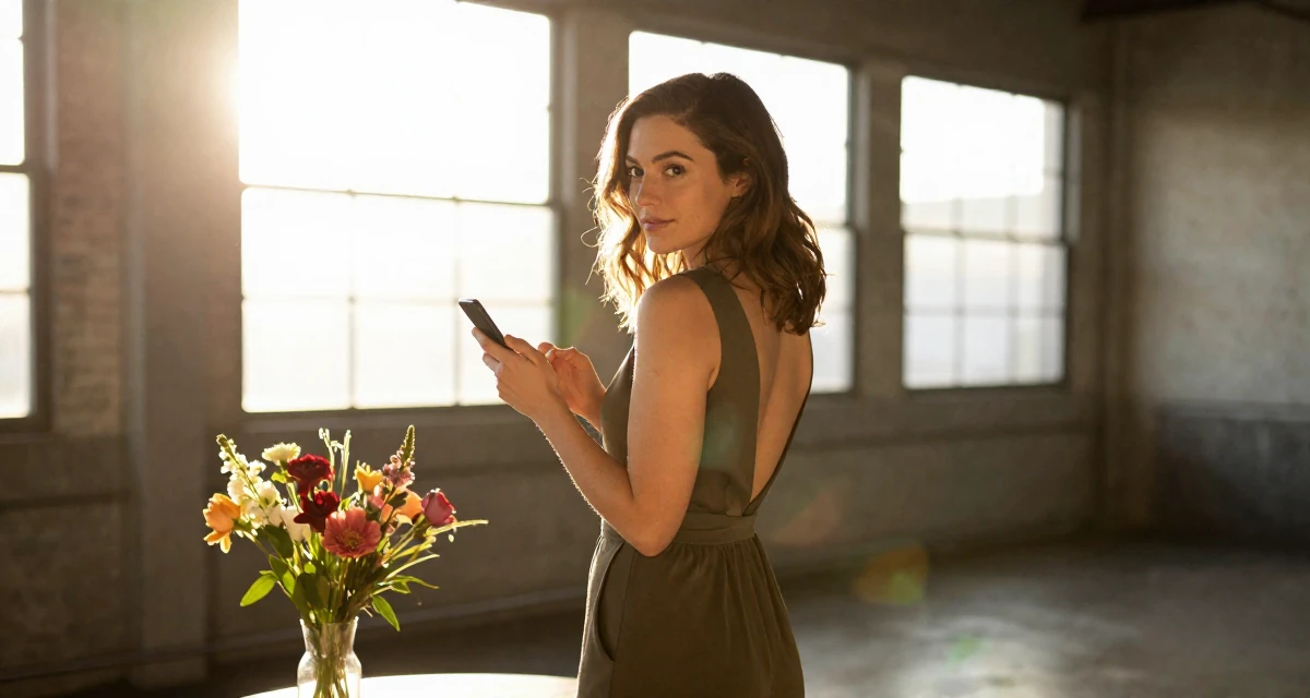 A charming Female From New Zealand, based in Auckland, graduated from an arts college majoring in emotional performance art in their 24, looking for meaning beyond the paycheck, wearing a fitted jumpsuit with an open back design, checking a notification on a phone in a industrial loft.