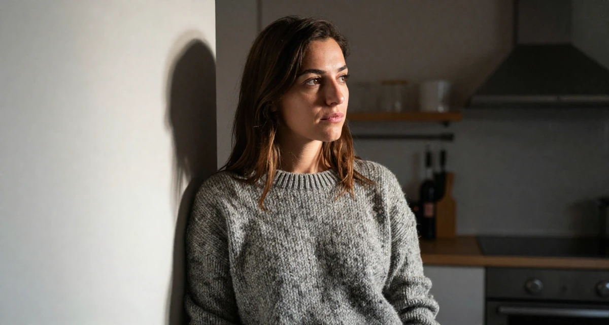 A thoughtfully silent Female From Rome Italy, studied classical body aesthetics and figure drawing in their 24, understanding long-term consequences of choices, wearing a textured wool sweater, waiting for a light to change in a rustic kitchen.
