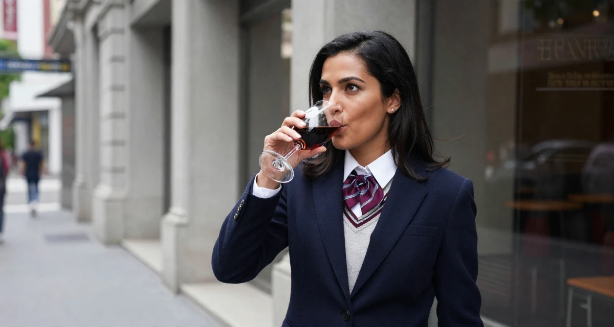 A proud and dignified Female From Malaysia, majored in international business in their 45, expert in vintage wine and culinary arts, wearing a classic collegiate style, sipping a warm drink in a city sidewalk.